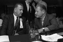 FILE--Former Maryland Governor and Vice President Spiro T. agnew, left, and Nelson A. Rockefeller chat between sessions abaord the liner Independence in this Oct. 19, 1967 file photo.  Agnew, an outspoken conservative who loved bashing the media before he resigned in disgrace as Richard Nixon's vice president over a tax-evasion scandal in 1973, died Tuesday Sept. 17, 1996. He was 77. (AP Photo/File)