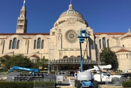 Workers are putting the finishing touches on the Basilica of the National Shrine of the Immaculate Conception. (WTOP/John Aaron)