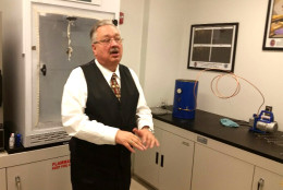 Bill Greene talks about the chemicals used for finger prints and to detect the presence of blood during a tour of the Crime Scene Investigation Division Evidence Unit for the Prince George's County Police Department. (WTOP/Kathy Stewart)