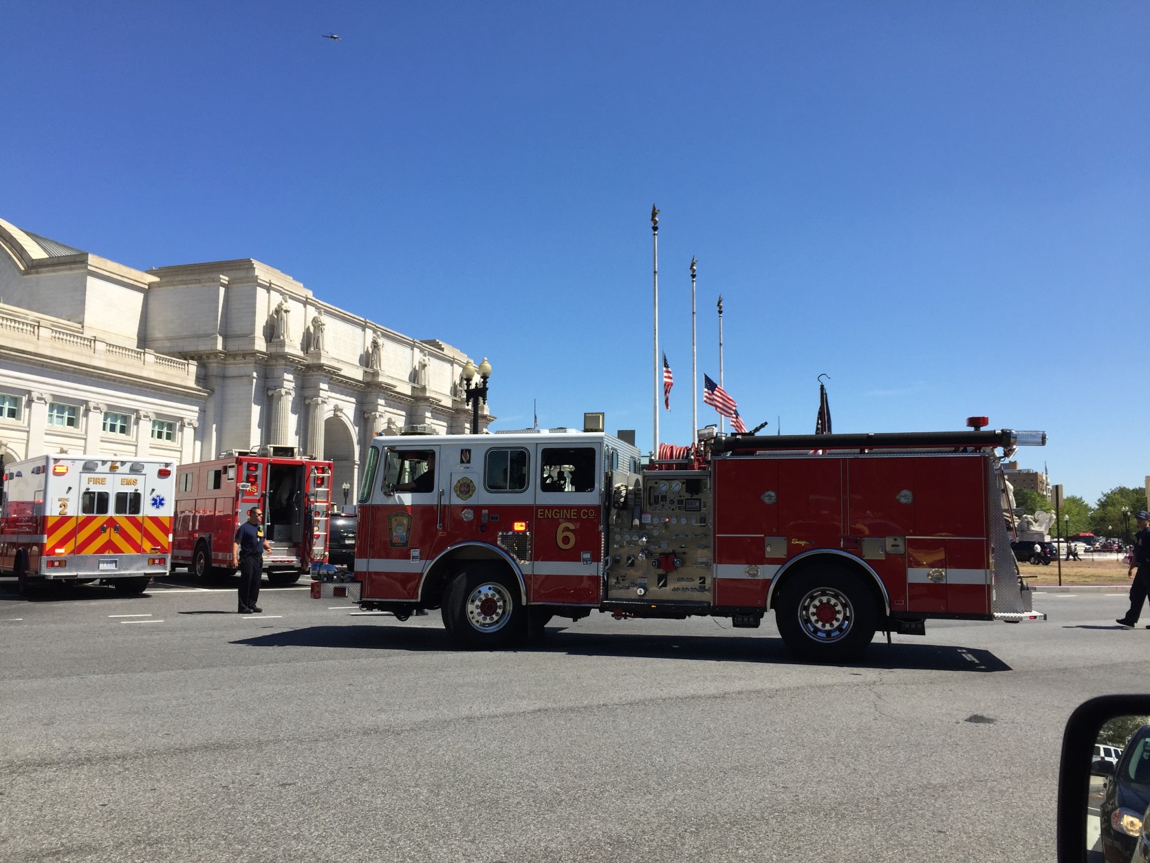 A firetruck sits outside Union Station.(WTOP/Rob Woodfork)