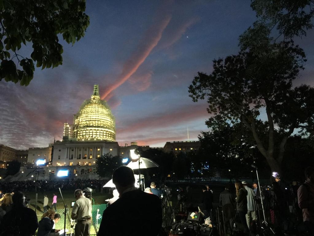 News media begins to set up early Thursday, Sept. 24, 2015  at the Capitol to cover Pope Francis' address. (WTOP/Kristi King)