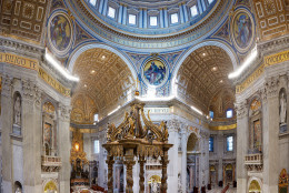 A composite image of the interior of St. Peter’s Basilica presents the grandeur of Michelangelo’s dome and Bernini’s baldachin, or canopy. A church has stood on this site since the time of the Roman emperor Constantine. (Dave Yoder/National Geographic)