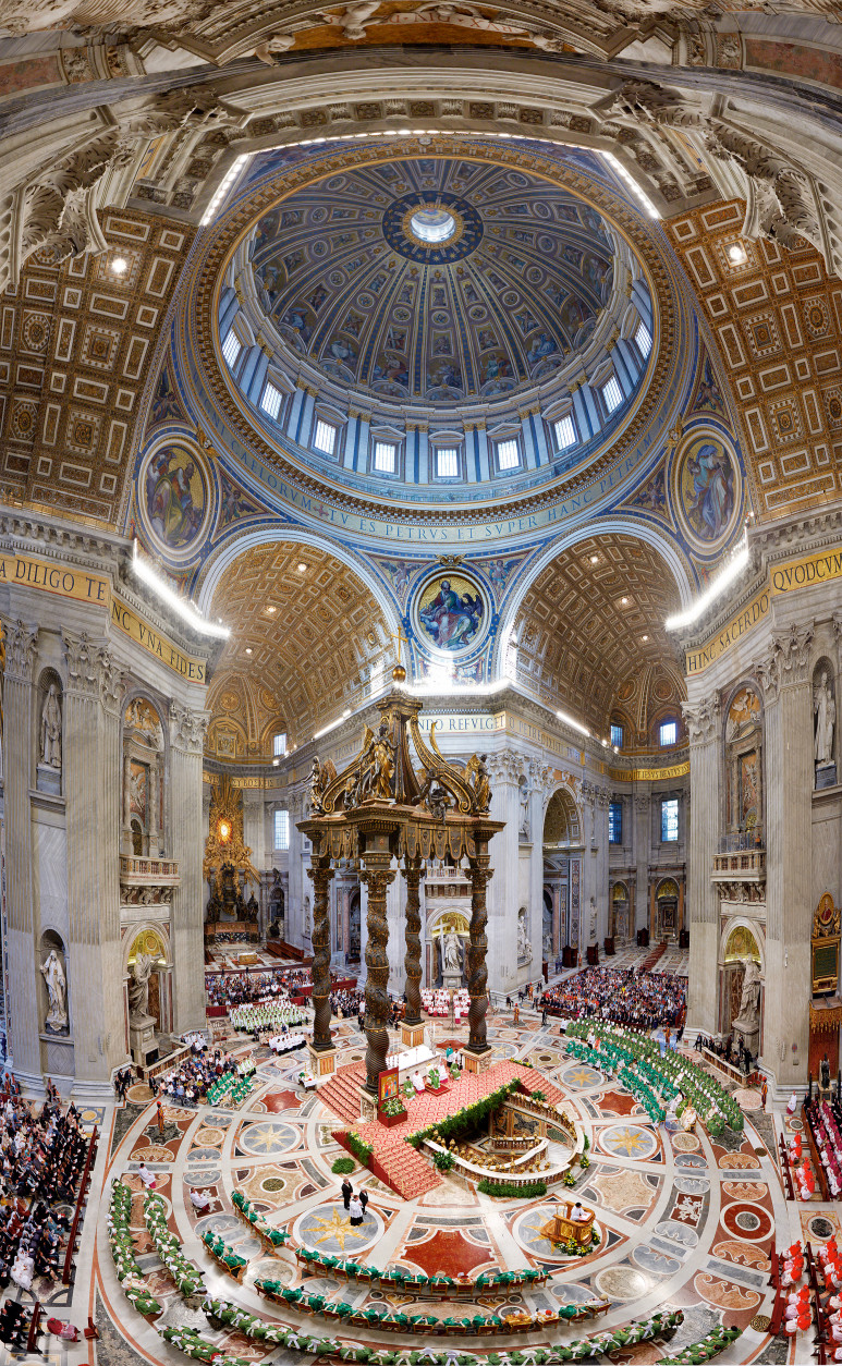 A composite image of the interior of St. Peter’s Basilica presents the grandeur of Michelangelo’s dome and Bernini’s baldachin, or canopy. A church has stood on this site since the time of the Roman emperor Constantine. (Dave Yoder/National Geographic)
