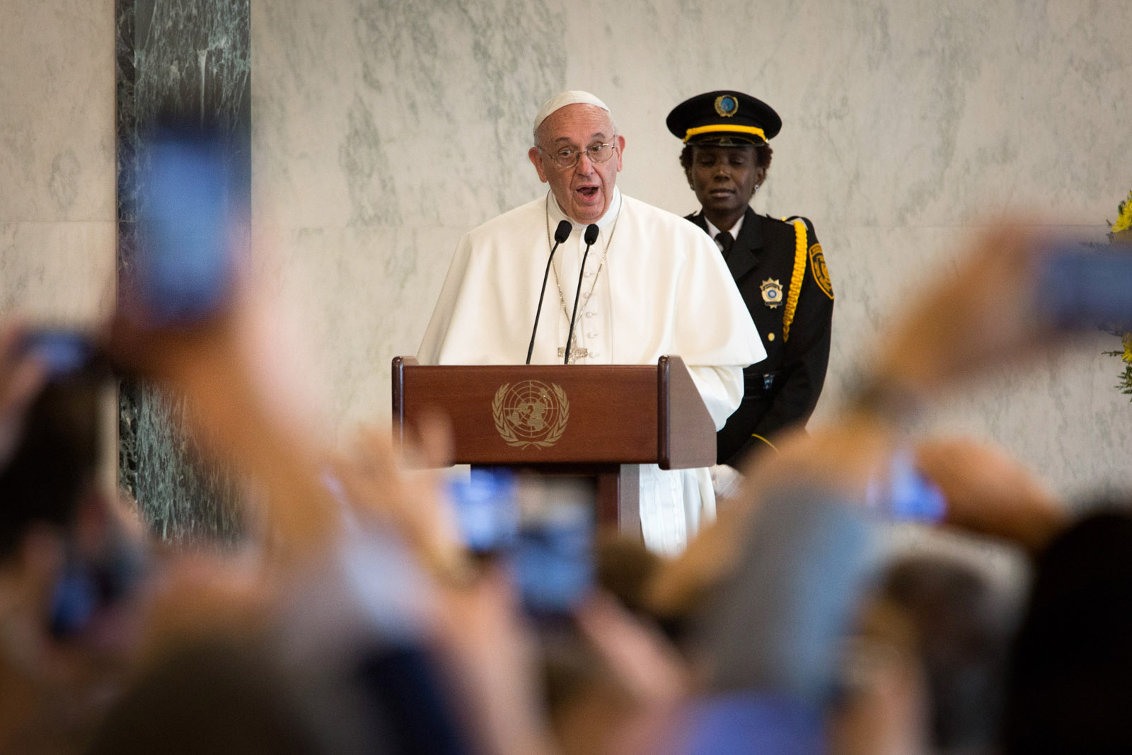 Pope Francis delivers remarks to UN staff members at United Nations headquarters Friday, Sept. 25, 2015. The Pope will address the UN General Assembly. (AP Photo/Kevin Hagen, Pool)