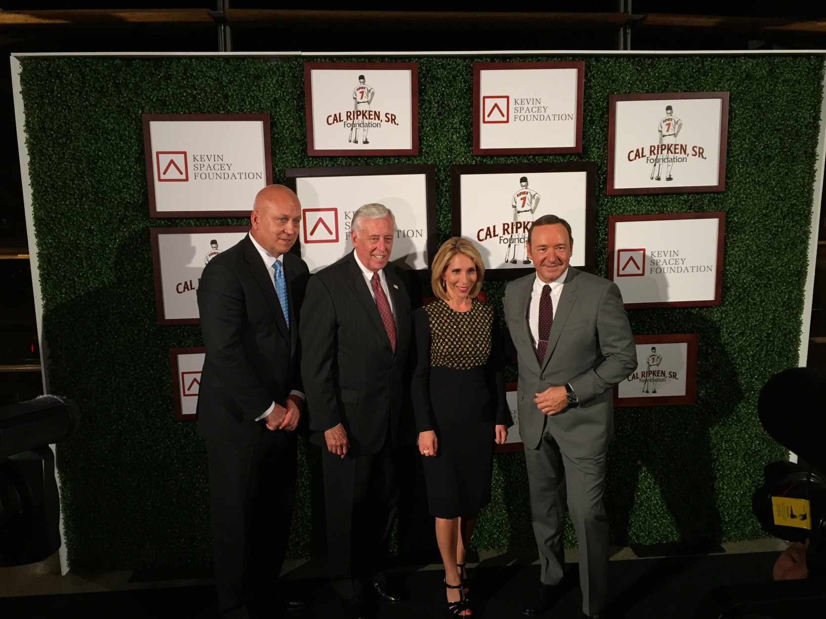 Cal Ripken, Jr., Congressman Steny Hoyer, CNN's Dana Bash -- who hosted the event -- and Kevin Spacey are seen here at the Monday night event. (WTOP/Michelle Basch)