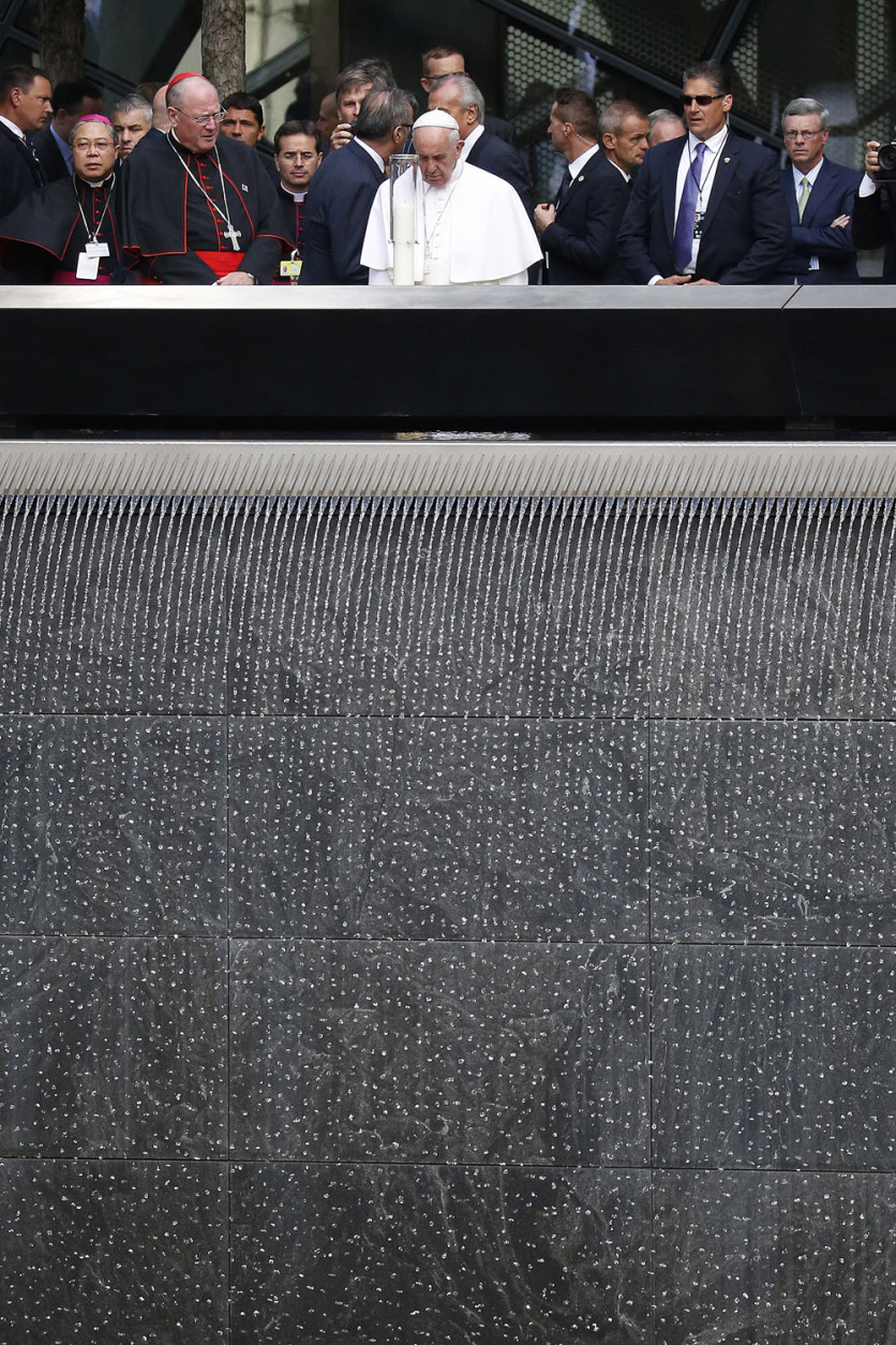 NEW YORK, NY - SEPTEMBER 25:  Pope Francis prays at the edge of the South Pool at the World Trade Center on September 25, 2015 in New York City. The Pope is on a six-day visit to the U.S., with stops in Washington, New York City and Philadelphia.  (Photo by Julio Cortez-Pool/Getty Images)
