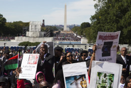 People cheer during a rally to mark the 20th anniversary of the Million Man March, on Capitol Hill, on Saturday, Oct. 10, 2015, in Washington. Waving flags, carrying signs and listening to speeches and songs, the crowd gathered at the U.S. Capitol and spread down the Mall under on a sunny and breezy fall day.  (AP Photo/Evan Vucci)