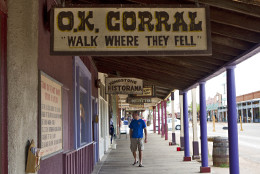 The rear entrance to the O.K. Corral is shown Wednesday, April 21, 2010 in Tombstone, Ariz.  A box of original court transcripts from the 1881 Coroner's Inquest in the Gunfight at the OK Corral were handed over to the Arizona State Archives in Phoenix earlier Wednesday. The 36-page hand-written account of witness testimony given after the shootout that left three men dead in Tombstone had been missing for years, until found by court clerks Garcia and Cook as they were cleaning out storage space at the Bisbee, Ariz., courthouse in March.  (AP Photo/Matt York)