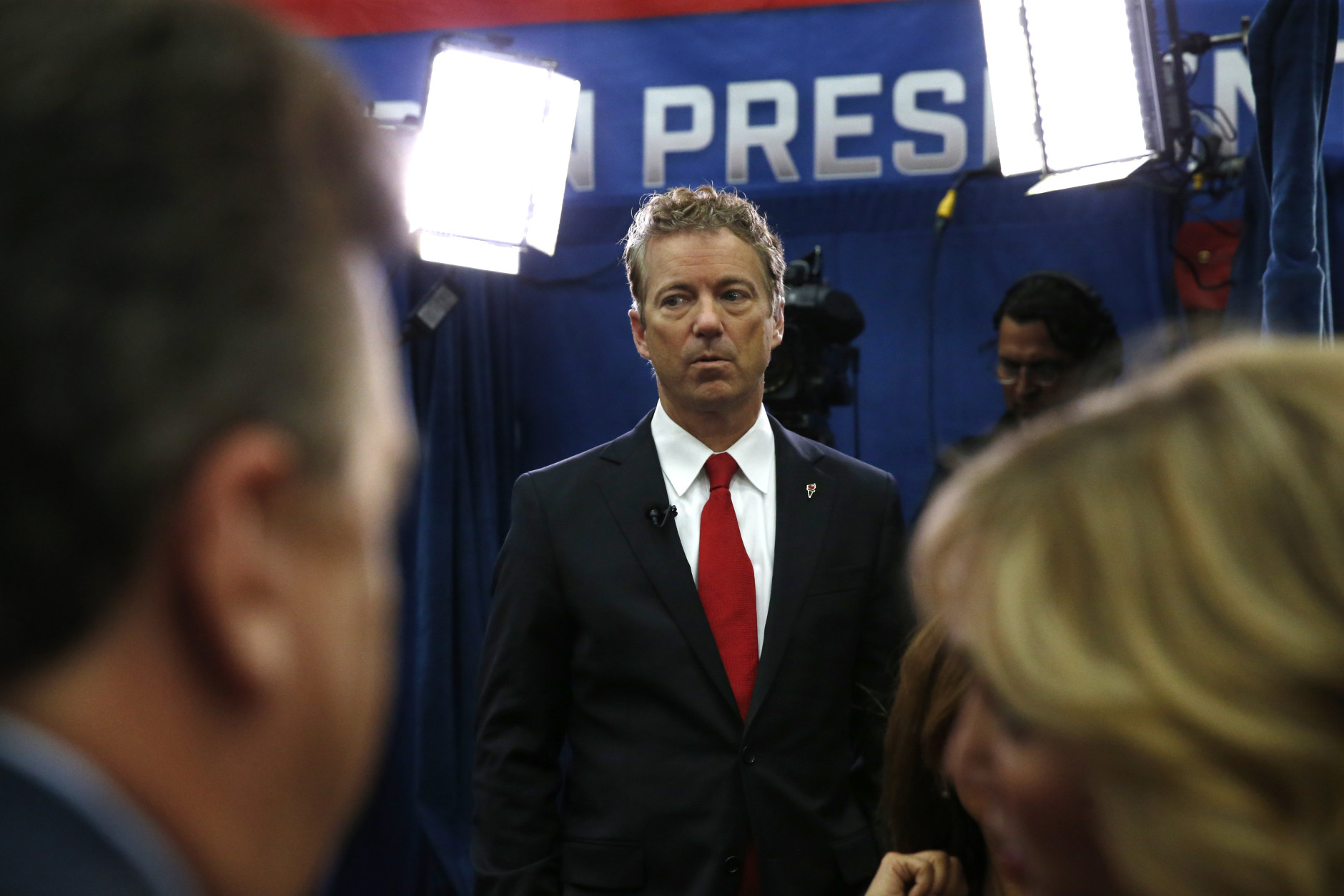 Rand Paul pauses after an interview in the spin room following the CNBC Republican presidential debate at the University of Colorado, Wednesday, Oct. 28, 2015, in Boulder, Colo. (AP Photo/Brennan Linsley)