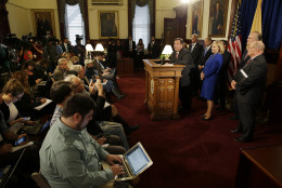 New Jersey Gov. Chris Christie addresses a gathering laying out preparation plans for a possible weekend rainstorm Thursday, Oct. 1, 2015, in Trenton, N.J. Governors up and down the East Coast are warning residents to prepare for drenching storms as flooding killed one person Thursday in South Carolina. The rains could cause power outages and close roads in a region already walloped by rain. Hurricane Joaquin's approach could intensify the damage, but rain is forecast across the region regardless of the storm's path. (AP Photo/Mel Evans)