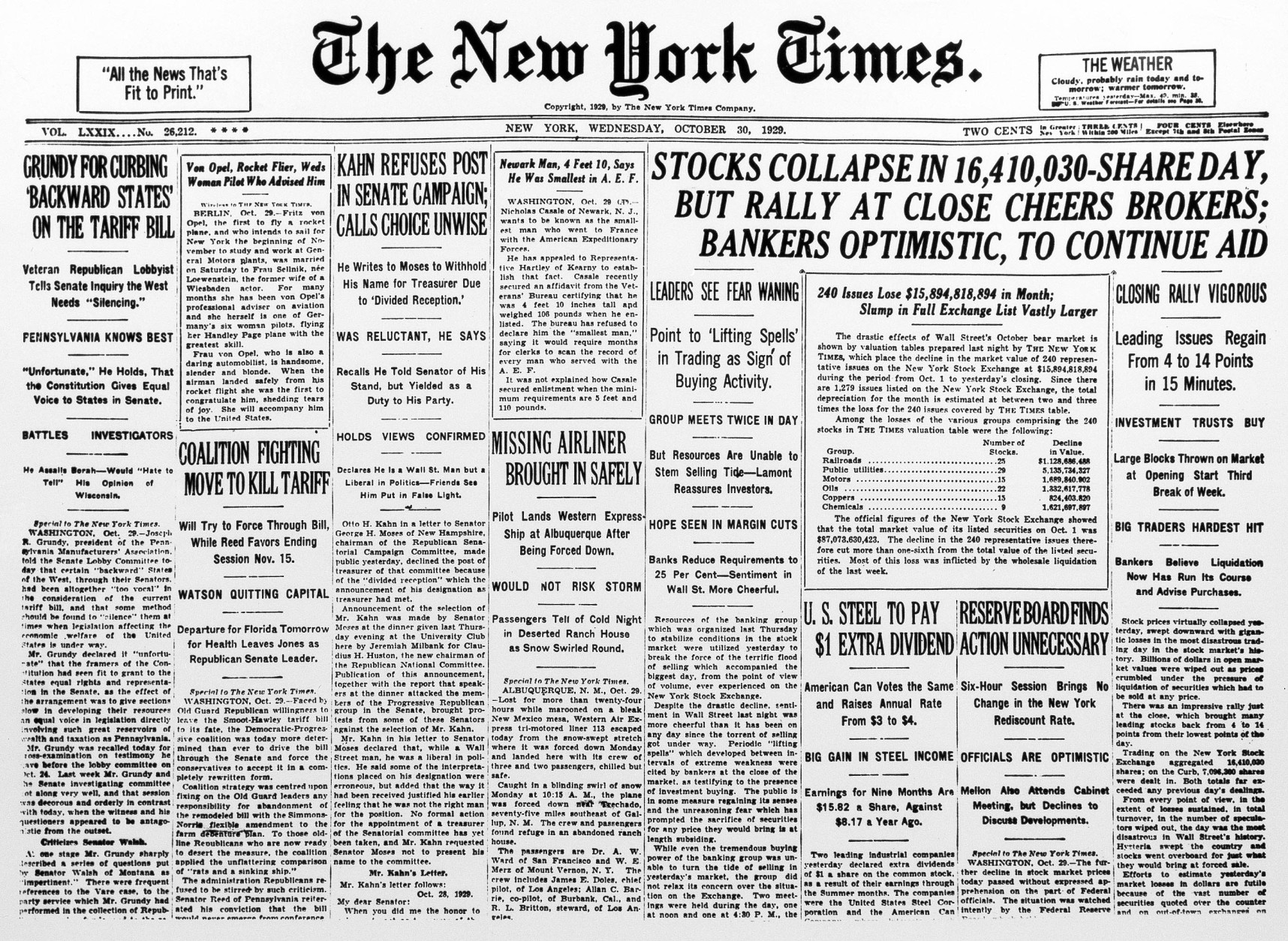 This is the front page of the New York Times, Oct. 30, 1929, the day the stock market crashed.  (AP Photo)