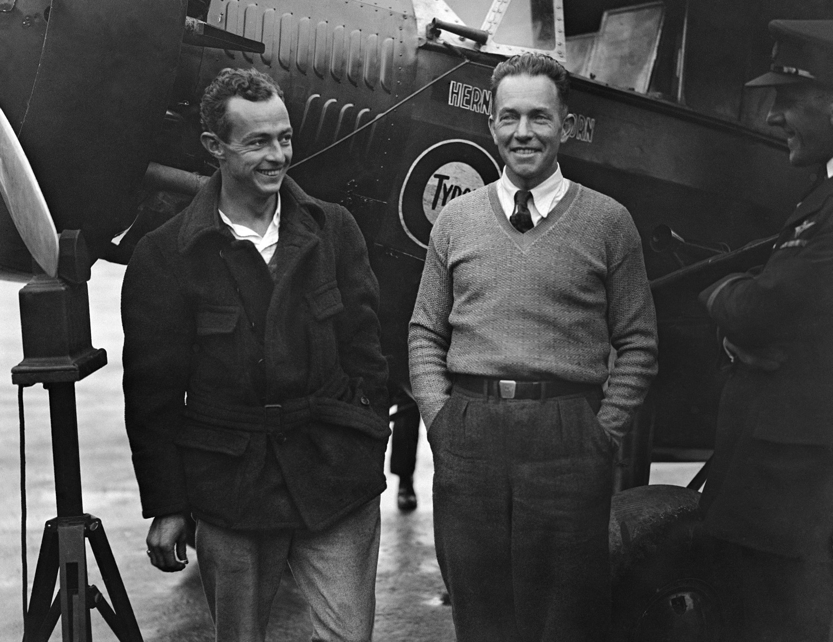 Pilots Hugh Herndon, left and Clyde Pangborn after arriving at Croydon Aerodrome in England on July 30, 1931. (AP Photo)