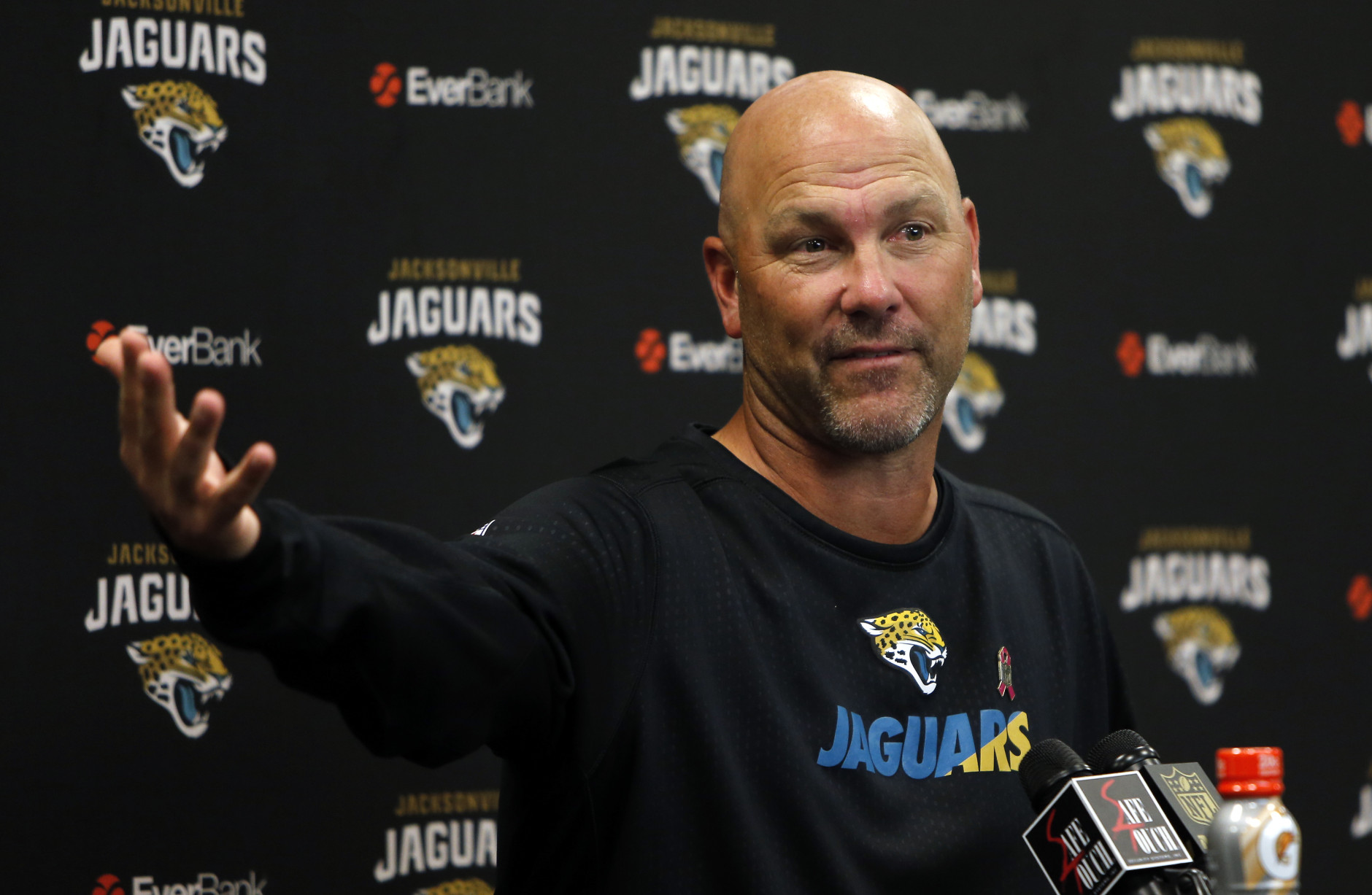 Jacksonville Jaguars head coach Gus Bradley speaks to the media during post game press conference after the second half of an NFL football game, Sunday, Oct. 18, 2015, in Jacksonville, Fla. The Texans beat the Jaguars 31-20. (AP Photo/Stephen B. Morton)