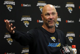 Jacksonville Jaguars head coach Gus Bradley speaks to the media during post game press conference after the second half of an NFL football game, Sunday, Oct. 18, 2015, in Jacksonville, Fla. The Texans beat the Jaguars 31-20. (AP Photo/Stephen B. Morton)