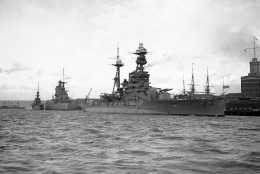 The HMS Royal Oak at anchor in Portsmouth, England on Nov. 23, 1938 carrying the coffin containing the body of Queen Maud for conveyance to Norway. Behind her is the HMS Rodney, and the Ark Royal. (AP Photo)