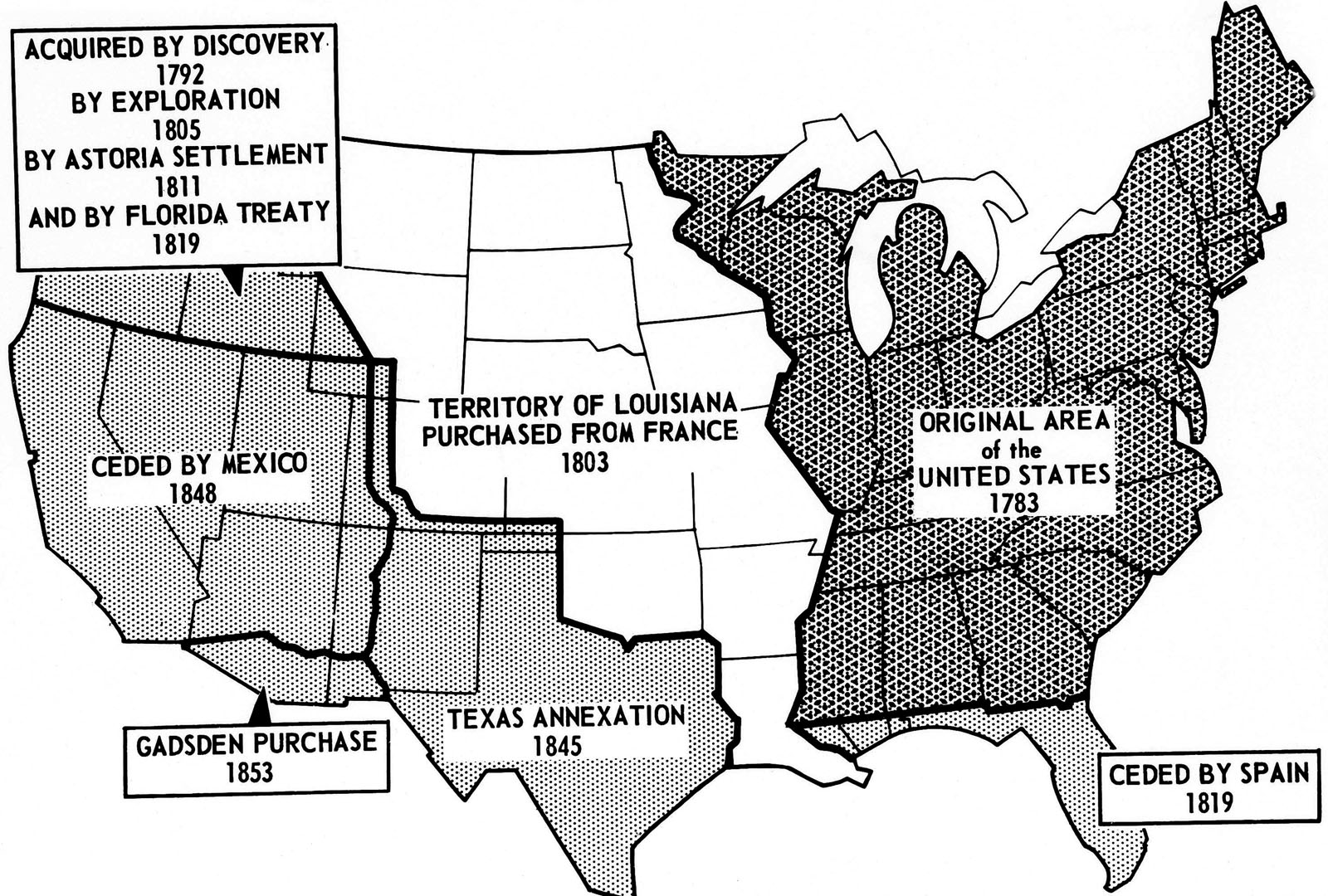 Map shows the vast stretch of land shown April 20, 1953, nearly a million square miles, which the U.S. acquired from France in the Louisiana Purchase of 1803 and the subsequent westward and southward expansion that brought America to its present continental limits just half a century later, in 1953. The Louisiana Purchase involved total payments of $27,267,622. (AP Photo)