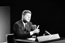 Sen. John F. Kennedy keeps count with his fingers as he presses a point of view during a Philadelphia appearance on a news panel show Face the Nation on Oct. 30, 1960 in Philadelphia.  Kennedy carried his democratic presidential campaign into Pennsylvania in quest of the states 32 electoral votes. (AP Photo/HG)