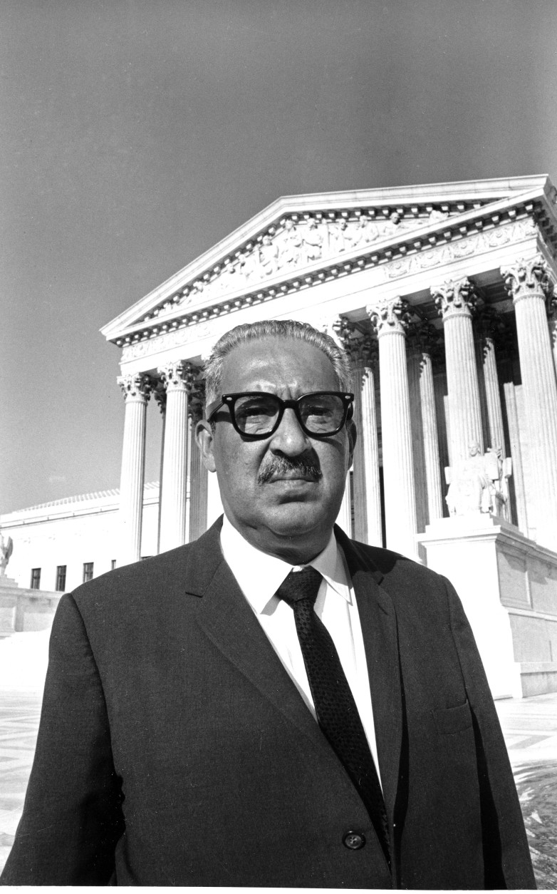 Justice Thurgood Marshall stands outside the Supreme Court Building in Washington, September 1, 1967, after he was sworn in as the first black associate justice to serve on the high court. (AP Photo)