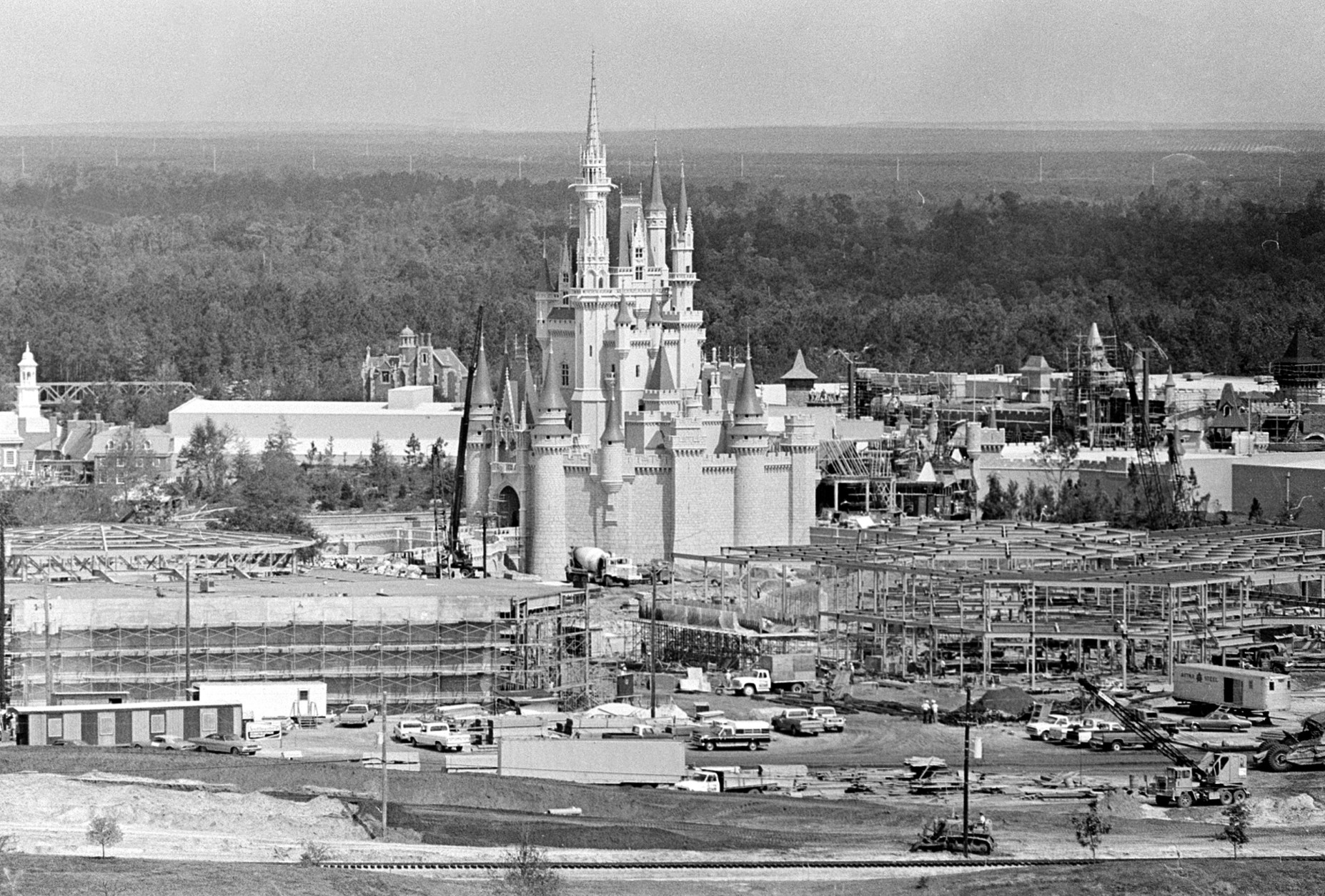 This general view shows Walt Disney World under construction near Orlando in Central Florida, on July 7, 1971.  At center is the amusement park's Cinderella Palace in the Magic Kingdom.  (AP Photo)