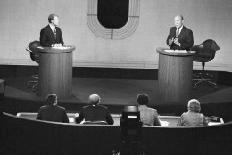 President Gerald Ford, right, emphasized a point during his second debate with Jimmy Carter, left, at Palace of  Fine Arts Theater, Wednesday, Oct. 6, 1976, San Francisco, Calif. (AP Photo)