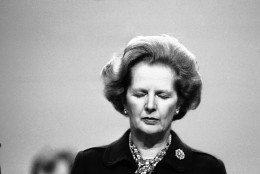 Britain?s Prime Minister Margaret Thatcher stands with her eyes closed during a moments silence for victims of the bomb blast at the Grand Hotel in Brighton, England, Oct. 12, 1984 at the Conservative Party Conference. Twenty-two members of Mrs. Thatcher?s government were staying at the Grand when the bomb went off. Premier Thatcher was uninjured in the blast however windows in her suite we blown out and her bathroom badly damaged. (AP Photo/Peter Kemp)