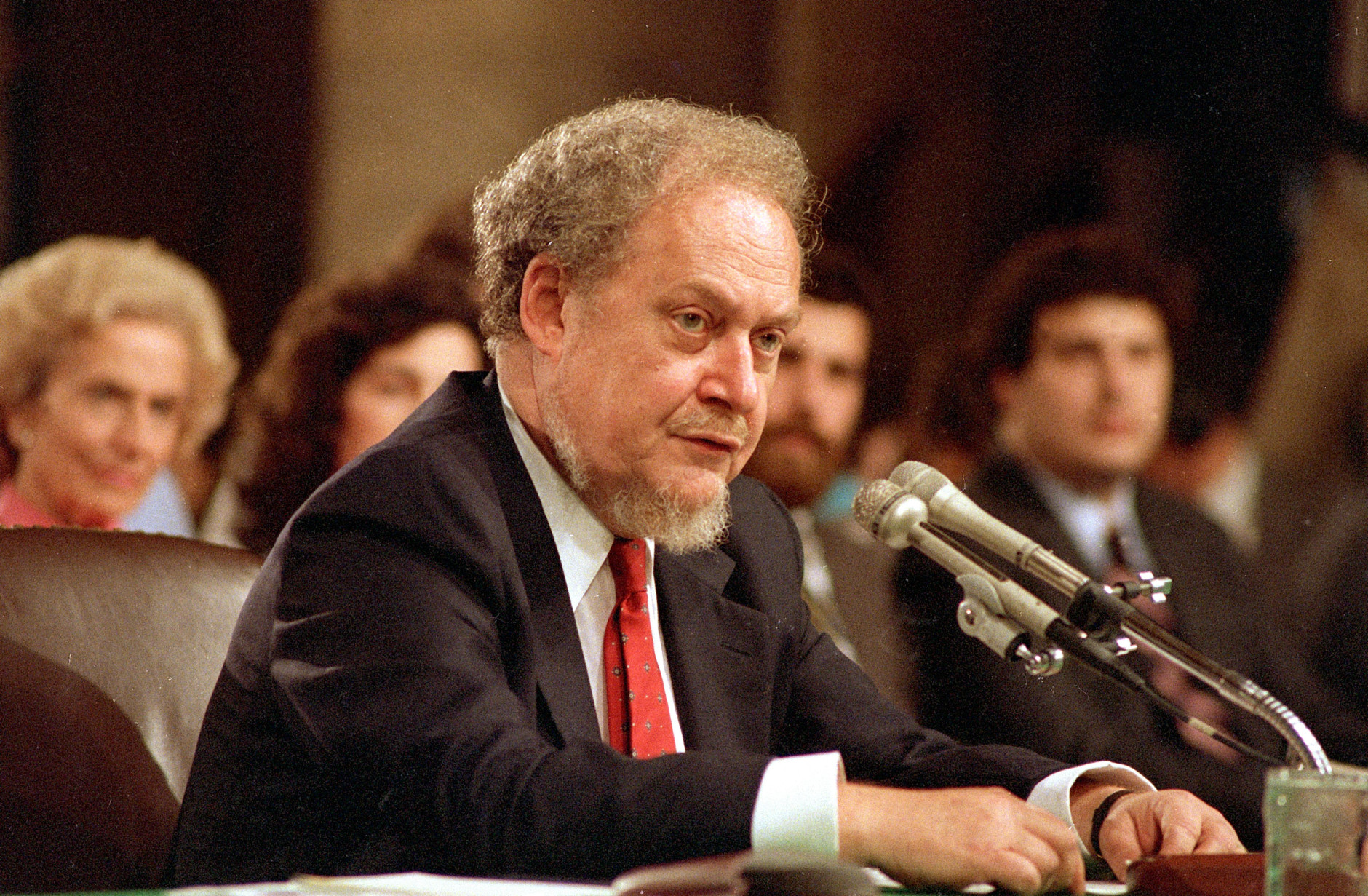 U.S. Supreme Court nominee Robert H. Bork testifies before the Senate Judiciary Committee on the first day of his confirmation hearings on Capitol Hill, Sept. 16, 1987.  Bork's message to the committee was that he was neither liberal nor conservative.  (AP Photo/Charles Tasnadi)