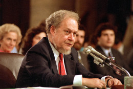 U.S. Supreme Court nominee Robert H. Bork testifies before the Senate Judiciary Committee on the first day of his confirmation hearings on Capitol Hill, Sept. 16, 1987.  Bork's message to the committee was that he was neither liberal nor conservative.  (AP Photo/Charles Tasnadi)