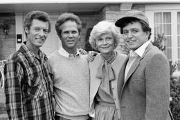 Members of the original cast of the "Leave It To Beaver" television series pause during filming of an upcoming TV special, "Still The Beaver," in Los Angeles on Dec. 10, 1982. From left to right are Ken Osmond, Tony Dow, Babara Billingsley and Jerry Mathers. Osmond died May 18, 2020. He was 76. (AP Photo/Wally Fong)