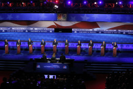 Republican presidential candidates, from left, John Kasich, Mike Huckabee, Jeb Bush, Marco Rubio, Donald Trump, Ben Carson, Carly Fiorina, Ted Cruz, Chris Christie, and Rand Paul appear during the CNBC Republican presidential debate at the University of Colorado, Wednesday, Oct. 28, 2015, in Boulder, Colo. (AP Photo/Brennan Linsley)