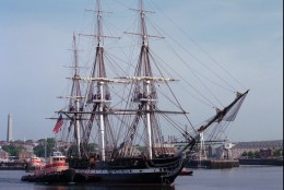 Crew members climb aloft to duty stations as the USS Constitution is carefully guided from its berth at the Charlestown Navy Yard in Boston, early Tuesday morning, July 8, 1997, as it is towed out of Boston Harbor for a day of sea trials in preparation for its 200th anniversary sail July 21, 1997. The July 21st sail celebration will be the ship's first under its own power sail in 116 years.(AP Photo/Isabel Leon)
