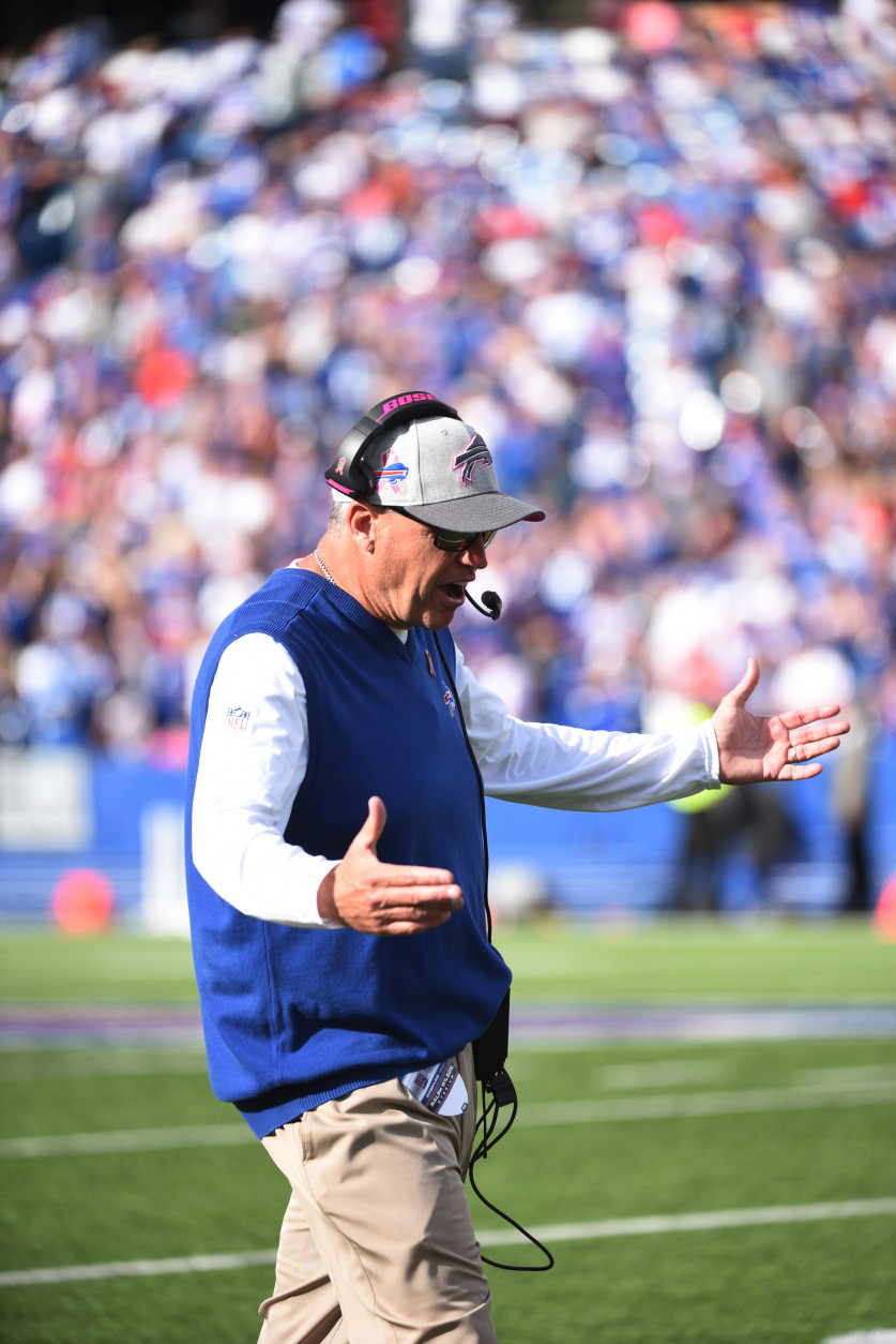 Buffalo Bills head coach Rex Ryan reacts during the second half of an NFL football game against the New York Giants, Sunday, Oct. 4, 2015, in Orchard Park, N.Y. The Giants won 24-10. (AP Photo/Gary Wiepert)