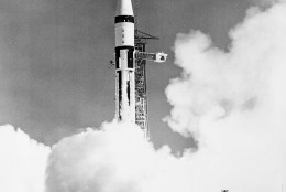 In 1968, Apollo 7, the first manned Apollo mission, was launched with astronauts Wally Schirra, Donn Fulton Eisele and R. Walter Cunningham aboard.  (AP Photo)
