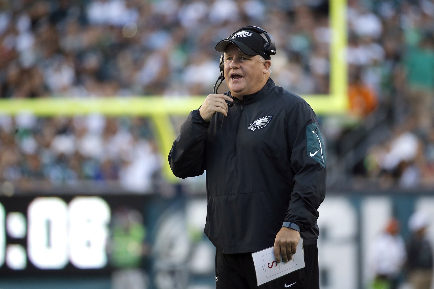 Philadelphia Eagles head coach Chip Kelly gestures on the sidelines during the first half of an NFL football game against the Dallas Cowboys, Sunday, Sept. 20, 2015, in Philadelphia. (AP Photo/Michael Perez)
