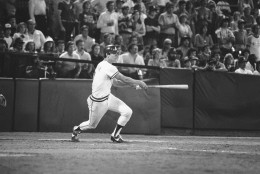 Atlanta Braves Dale Murphy (3) hits the winning home run in the bottom of the 10th inning with the bases loaded during Atlanta-Los Angeles action, Sept. 9, 1982, to give the Braves a 12-11 victory. (AP Photo/Roger Grigg)