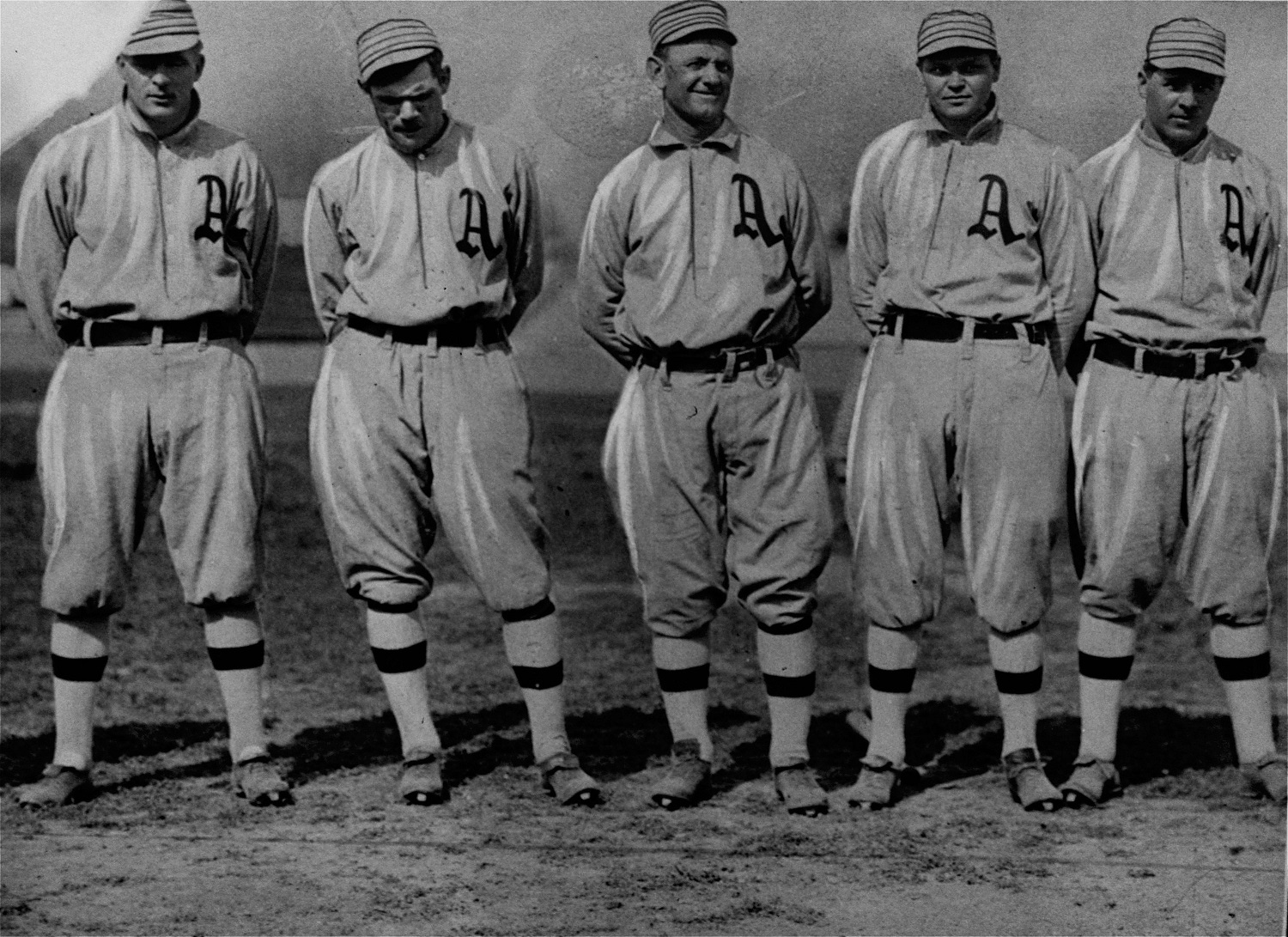 Here are some of the bulwarks of Connie Mack's team in 1913 when the Philadelphia Athletics beat the New York Giants in the World Series four games to one.  From left:  Rube Oldring, Eddie Murphy, Danny Murphy, Amos Strunk, and Jimmy Walsh. (AP Photo)
