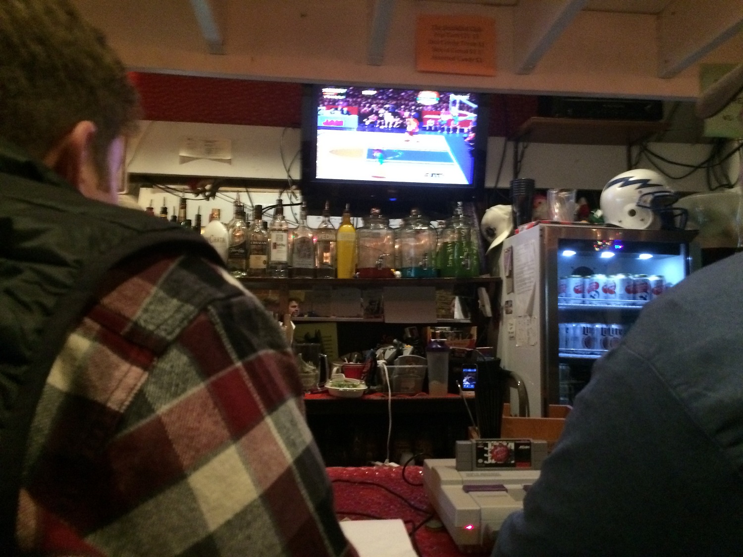 A view of the television at the bar to which the Super Nintendo system was attached. (WTOP/Noah Frank)