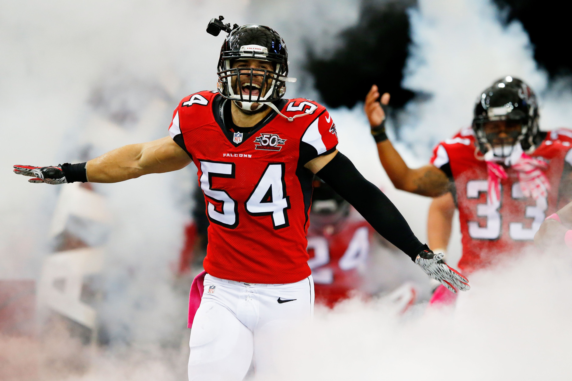 ATLANTA, GA - OCTOBER 04:  Nathan Stupar #54 of the Atlanta Falcons is introduced prior to the game against the Houston Texans at the Georgia Dome on October 4, 2015 in Atlanta, Georgia.  (Photo by Kevin C. Cox/Getty Images)