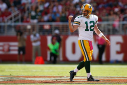 SANTA CLARA, CA - OCTOBER 04:  Quarterback Aaron Rodgers #12 of the Green Bay Packers reacts to a first down against the San Francisco 49ers during their NFL game at Levi's Stadium on October 4, 2015 in Santa Clara, California.  (Photo by Ezra Shaw/Getty Images)