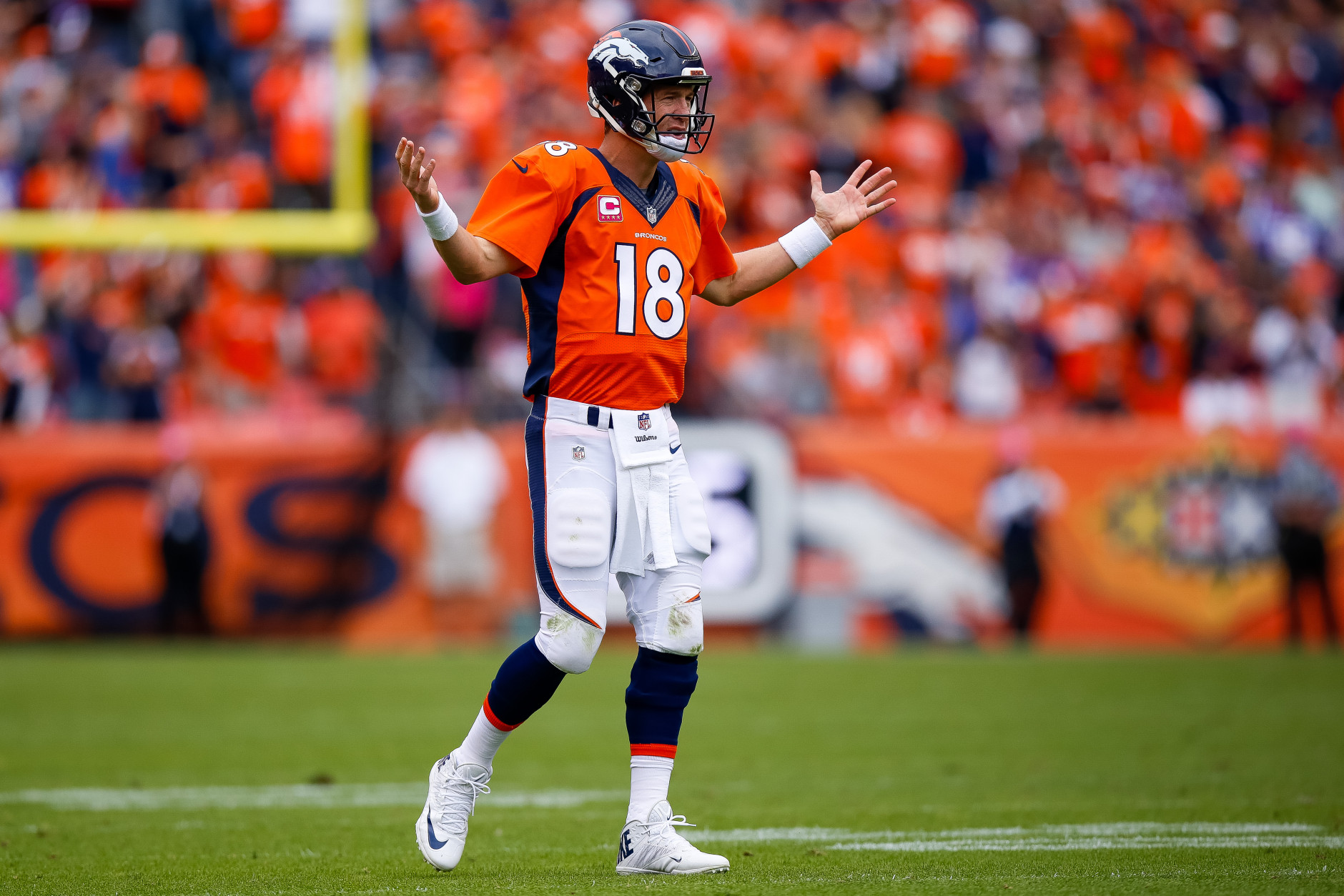 DENVER, CO - OCTOBER 4:  Quarterback Peyton Manning #18 of the Denver Broncos looks toward the sideline during a game against the Minnesota Vikings at Sports Authority Field at Mile High on October 4, 2015 in Denver, Colorado.  (Photo by Justin Edmonds/Getty Images)