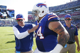 NASHVILLE, TN - OCTOBER 11: Head coach Rex Ryan of the Buffalo Bills celebrates with Richie Incognito #64 after the game against the Tennessee Titans at Nissan Stadium on October 11, 2015 in Nashville, Tennessee. The Bills defeated the Titans 14-13. (Photo by Joe Robbins/Getty Images)