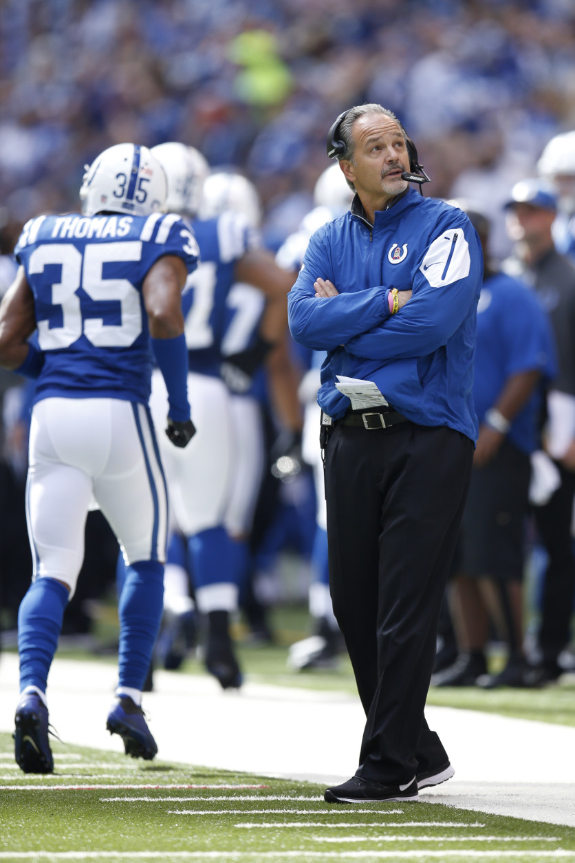 INDIANAPOLIS, IN - OCTOBER 25 Head coach Chuck Pagano of the Indianapolis Colts looks on against the New Orleans Saints in the first half of the game at Lucas Oil Stadium on October 25, 2015 in Indianapolis, Indiana. (Photo by Joe Robbins/Getty Images)