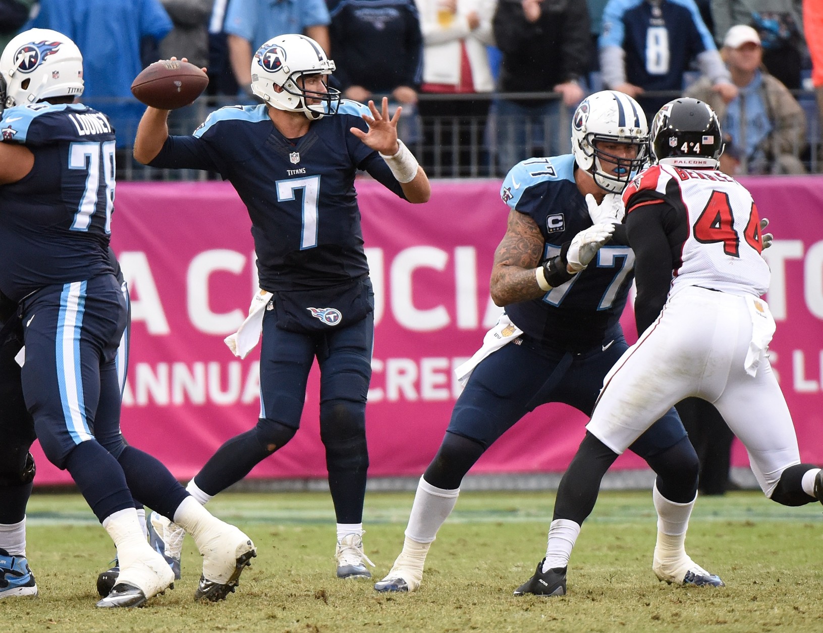 NASHVILLE, TN - OCTOBER 25:  Quarterback Zach Mettenberger #7 of the Tennessee Titans drops back to throw a pass against the Atlanta Falcons during the second half at Nissan Stadium on October 25, 2015 in Nashville, Tennessee.  (Photo by Frederick Breedon/Getty Images)