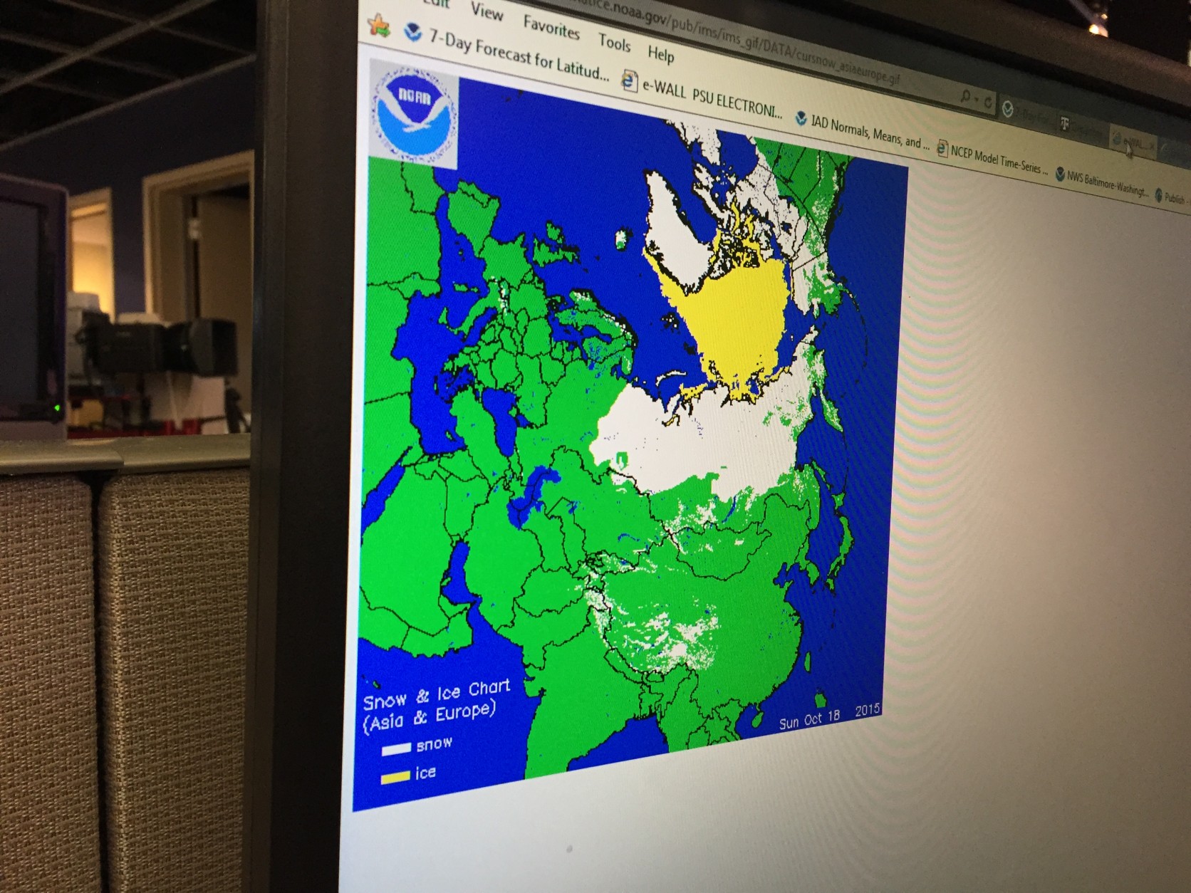 Kammerer is keeping an eye on the snow cover in Siberia, as seen here.  He says if it's above average in October, it usually means a cold and snowy winter ahead for America's Northeast. (WTOP/Michelle Basch)