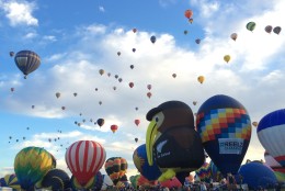 A kiwi balloon inflates in the foreground while dozens of others fly behind it. (Not all balloons take the traditional shape. There were ones shaped like cows, fire hydrants, Darth Vader's helmet, and these cartoon animal characters. (WTOP/Noah Frank)