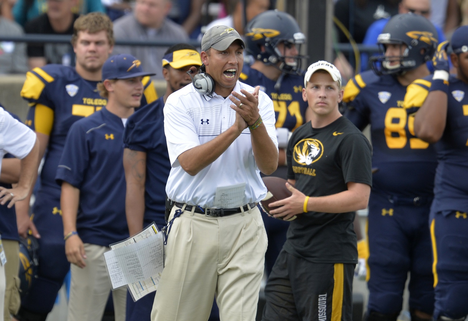 Toledo Rockets head coach Matt Campbell watches the game in the first quarter of a 49-24 loss to the Missouri Tigers in an NCAA college football game in Toledo, Ohio, Saturday, Sept. 6, 2014. (AP Photo/David Richard)