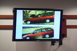 A photograph of Charles Severance's vehicle, bottom is shown along with a still photograph from a surveillance video, top, during Severance's trial in Fairfax County Circuit Court on Tuesday October 13, 2015 in Fairfax, VA. Severance is accused of three murders over the course of a decade in Alexandria, VA. (Pool Photo by Matt McClain/ The Washington Post)