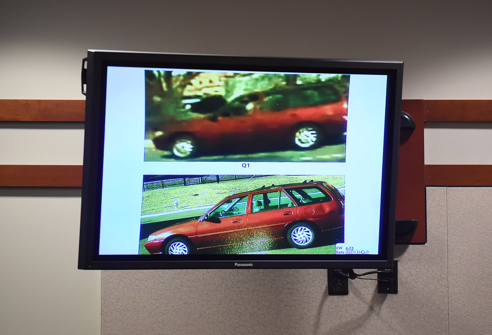 A photograph of Charles Severance's vehicle, bottom is shown along with a still photograph from a surveillance video, top, during Severance's trial in Fairfax County Circuit Court on Tuesday October 13, 2015 in Fairfax, VA. Severance is accused of three murders over the course of a decade in Alexandria, VA. (Pool Photo by Matt McClain/ The Washington Post)