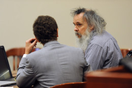 FAIRFAX, VA - OCTOBER 13: Defense attorney, Joe King, left, talks with Charles Severance as he appears during his trial in Fairfax County Circuit Court on Tuesday October 13, 2015 in Fairfax, VA. Severance is accused of three murders over the course of a decade in Alexandria, VA. (Photo by Matt McClain/ The Washington Post)