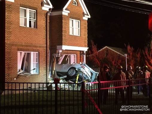 A driver and a passenger were killed when a car crashed into a house in Alexandria, Virginia on Oct. 27, 2015. (Courtesy NBC Washington/Shomari Stone)