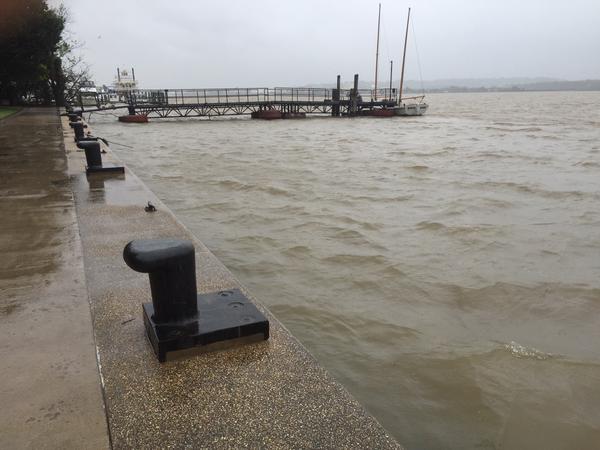 The Potomac River is up, but so far it is not spilling over near Waterfront Park. (WTOP/Mike Murillo)